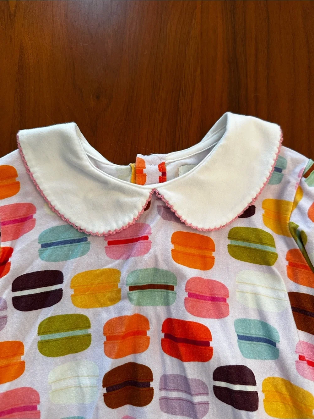 The Oaks Apparel Girls Multicolor Macaron Print Dress with Peter Pan Collar